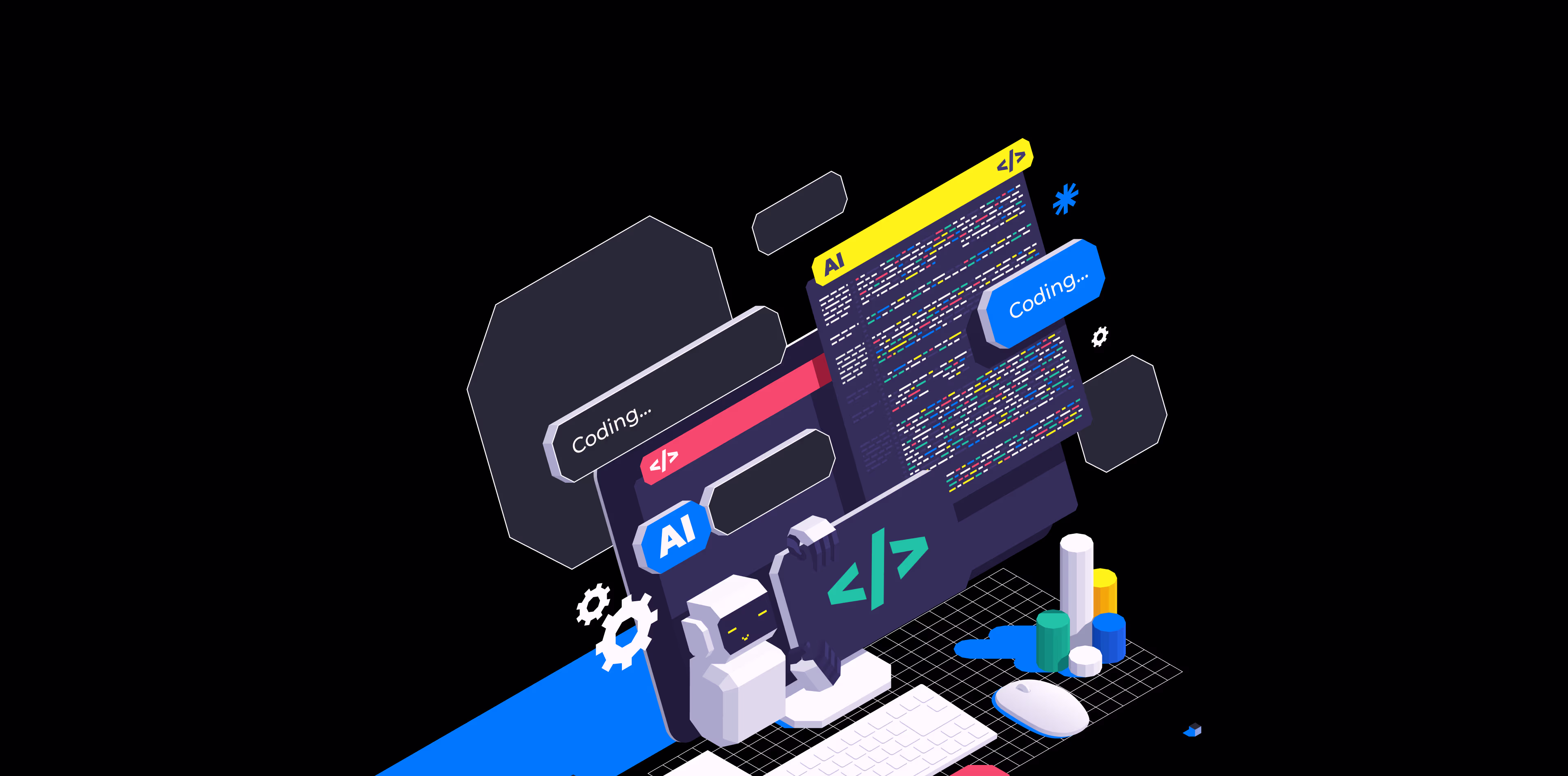 3D isometric illustration of an AI coding assistant, source code windows, and data visualization tools used in modern software development.