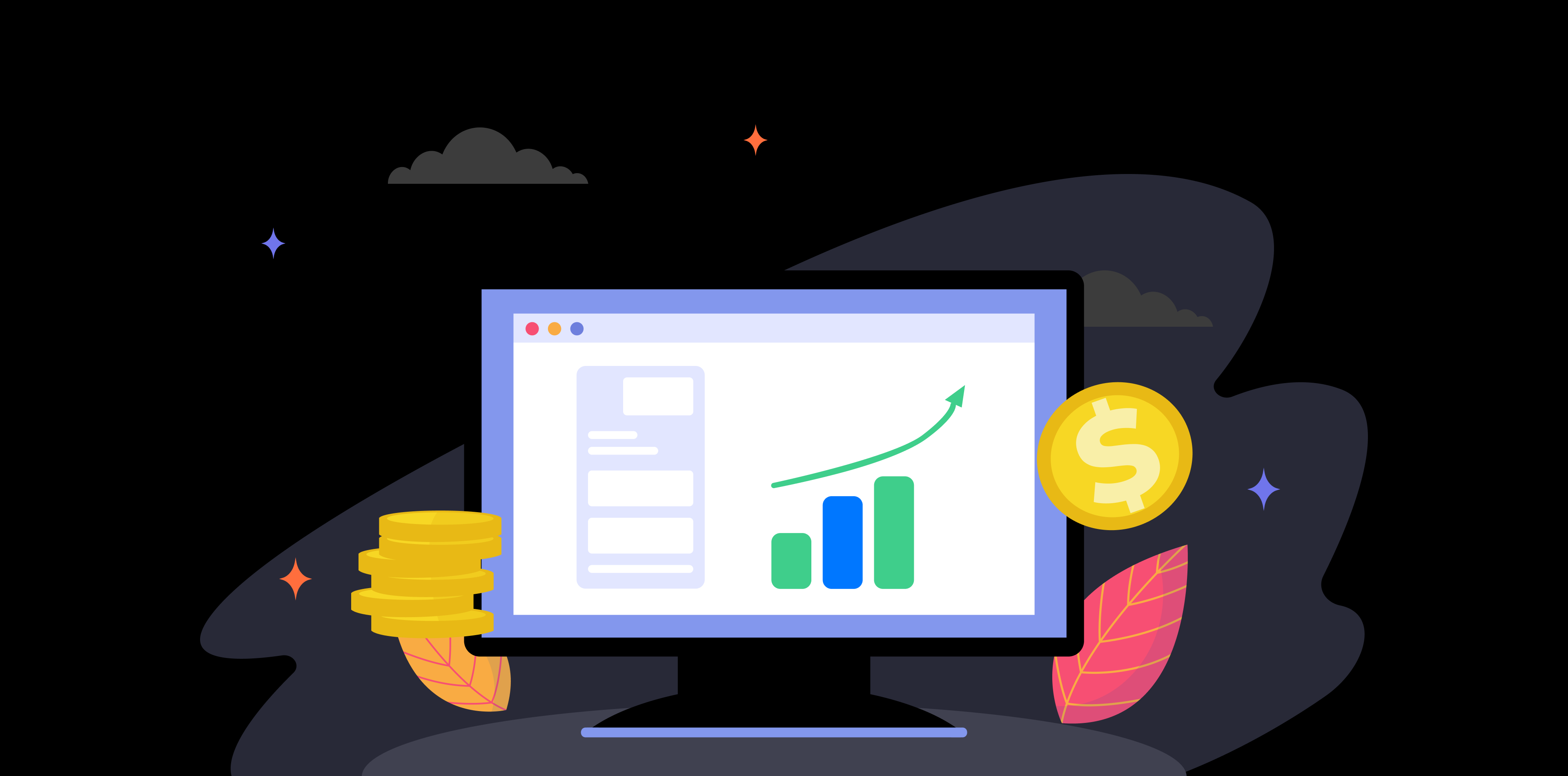 Build vs buy decision for SaaS — a forked path splitting into off-the-shelf, no-code, and custom routes, rendered in purple, green, and magenta on a dark editorial background.