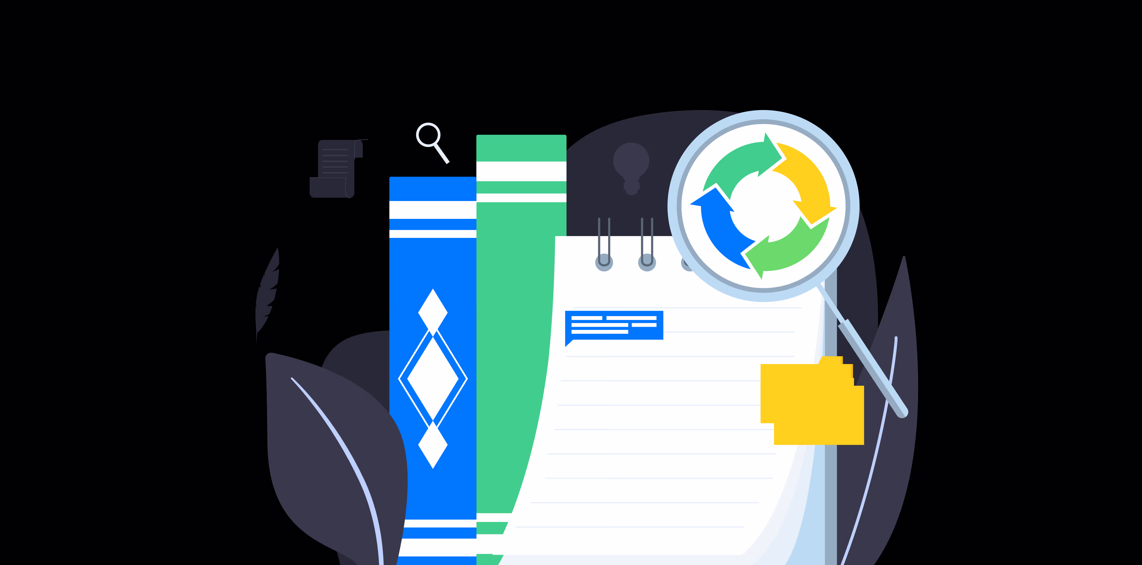Strategic illustration showing a magnifying glass over a research document and books, representing market analysis and competitor benchmarking for SaaS startups.