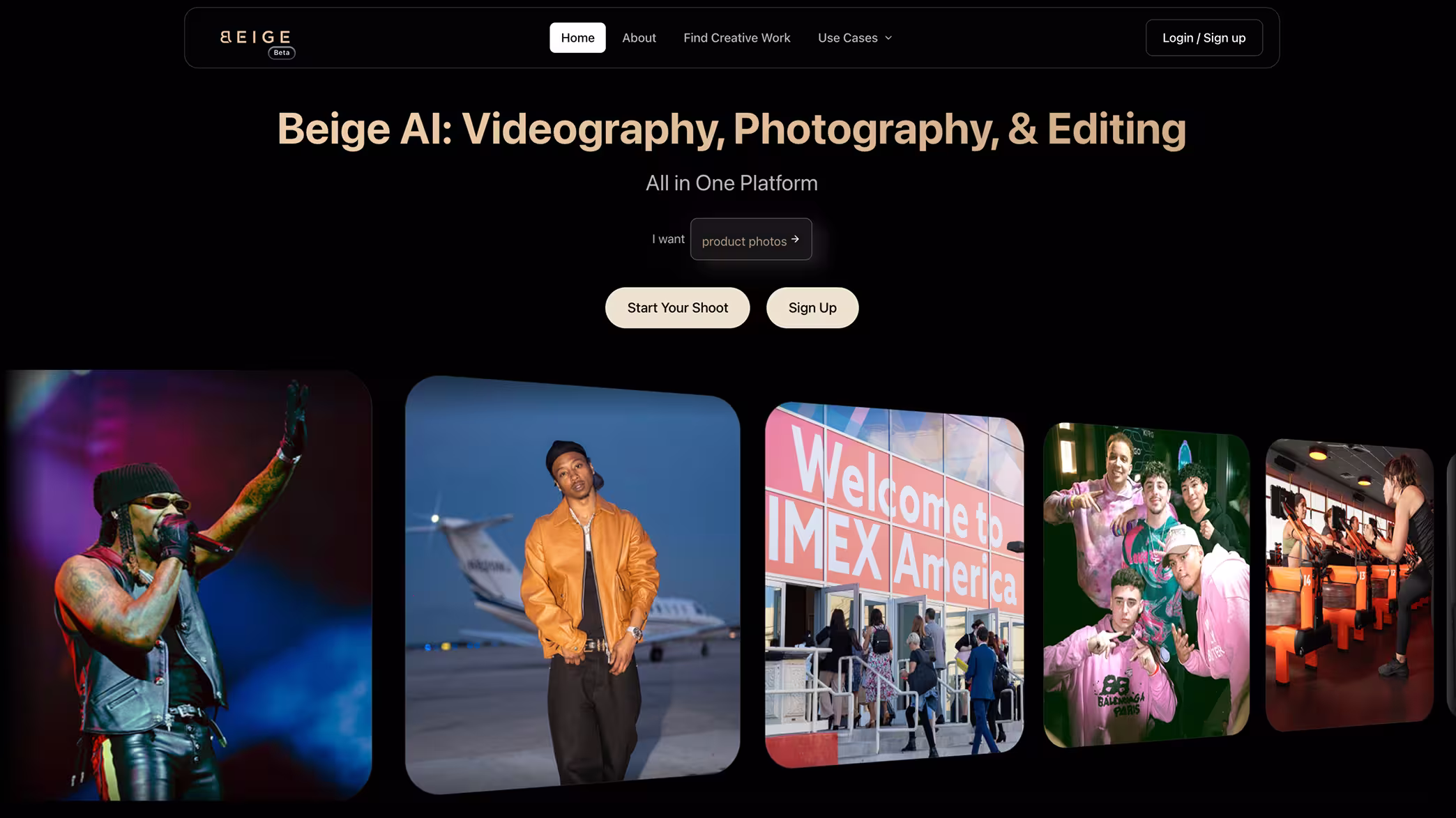 Beige booking platform homepage with creator photography cards.