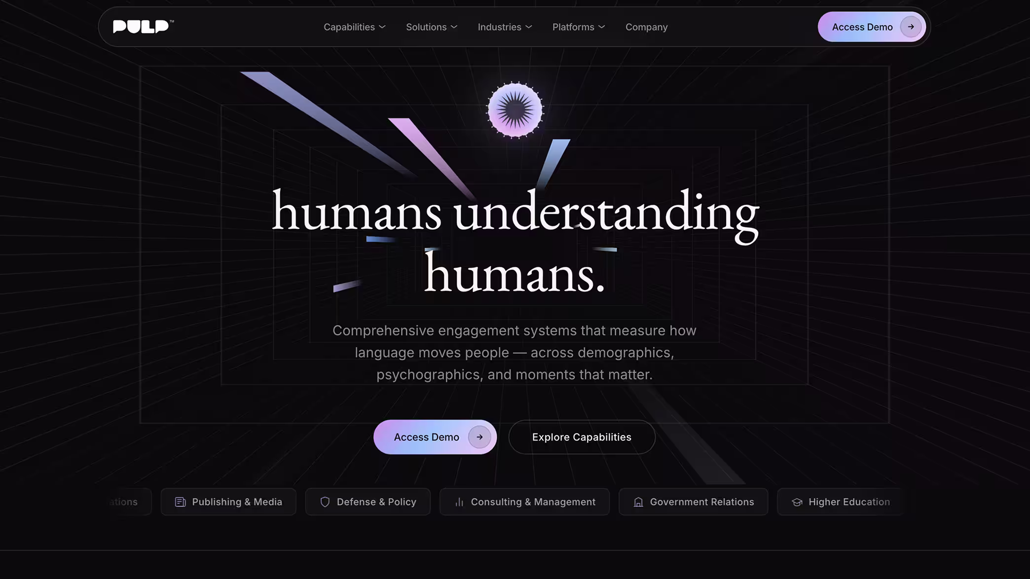 Pulp website interface showing the humans understanding humans hero screen.