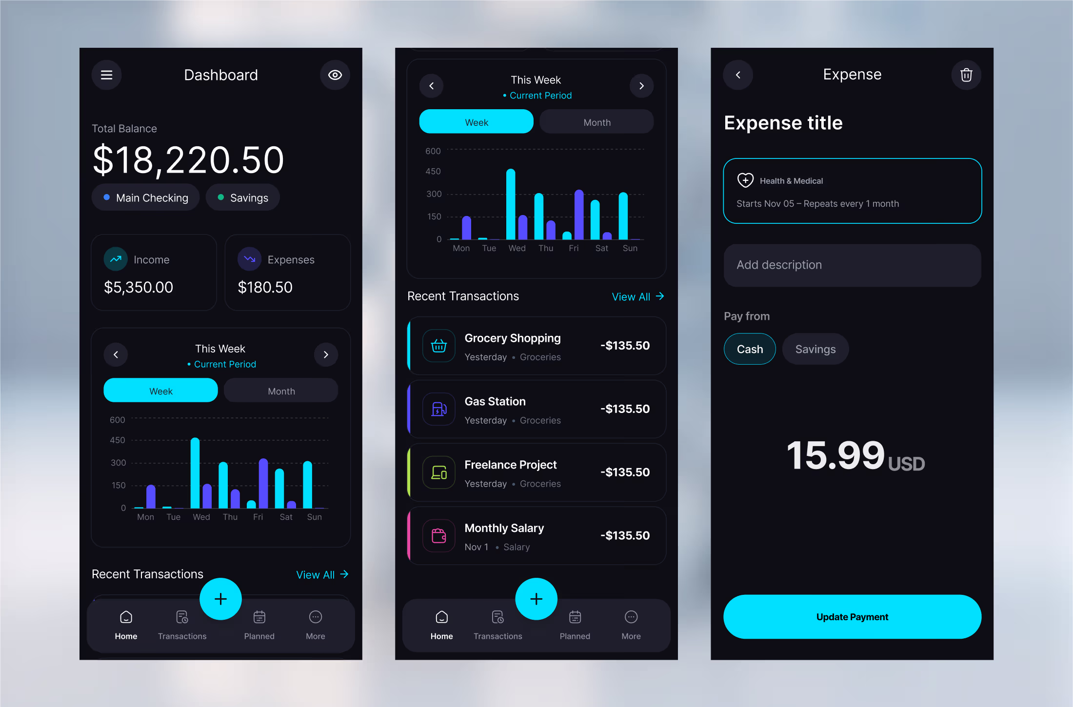 Dark mode fintech mobile app interface design showing a financial dashboard, weekly expense analytics charts, and transaction history for a SaaS banking application.
