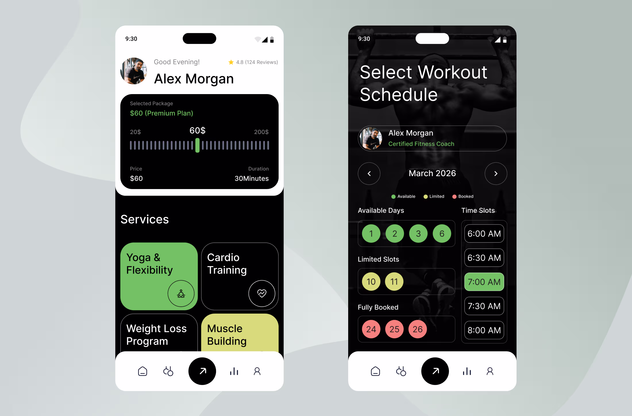 Dark mode mobile app interface for a fitness coach, featuring a service selection menu for yoga and cardio, a pricing slider, and a workout schedule booking calendar.