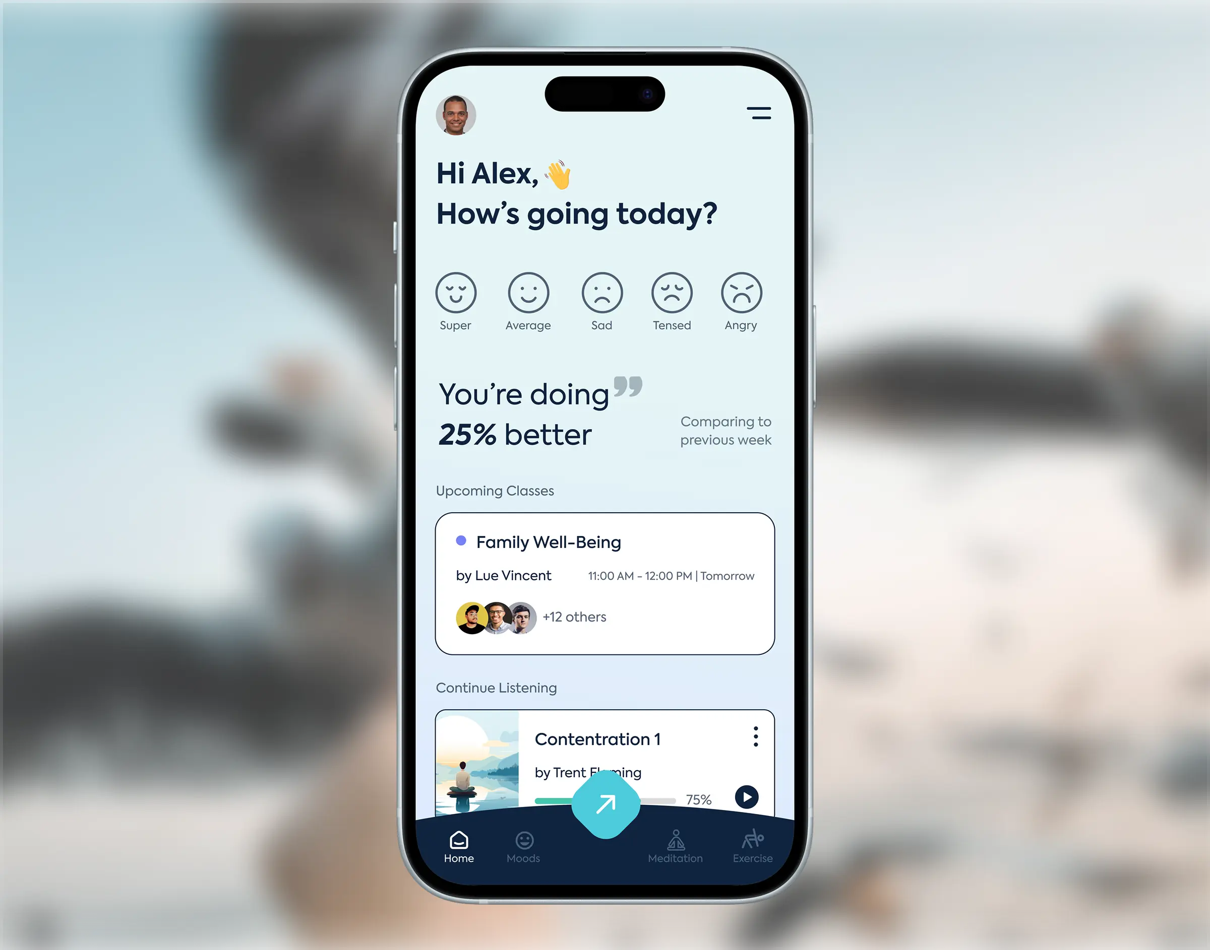 Mental health and wellbeing app dashboard with analytics
