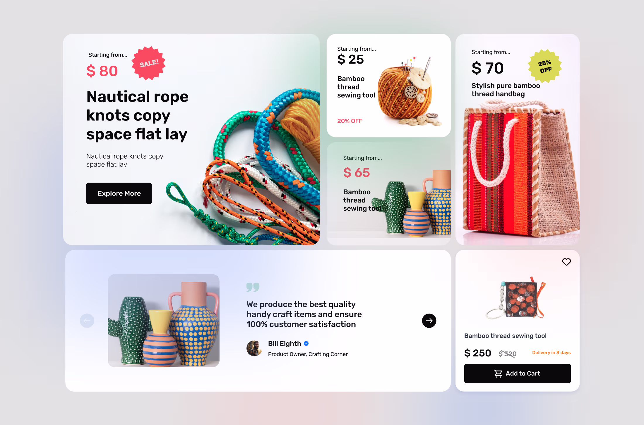 A collection of e-commerce UI components featuring product cards for handcrafted items, bamboo thread handbags, and a customer testimonial slider.