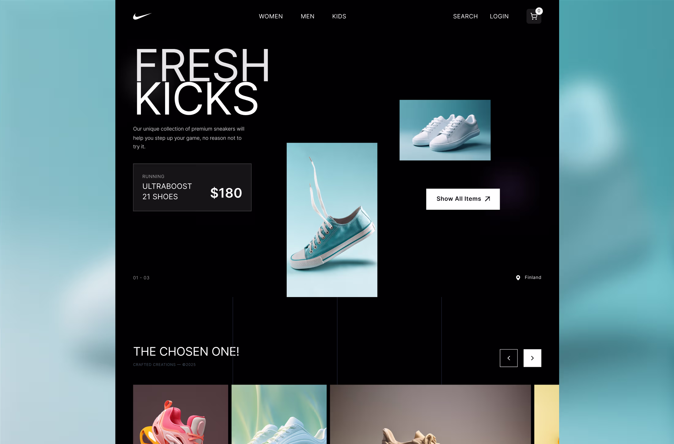Dark mode e-commerce landing page design for a premium sneaker brand, featuring minimalist typography, footwear photography, and a clean UI layout.